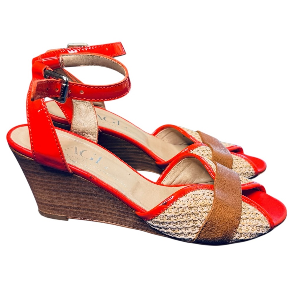 AGL ATTILIO GIUSTI LEOMBRUNI Size 8 Orange Weave Raffia Wedge Sandals Shoes 38